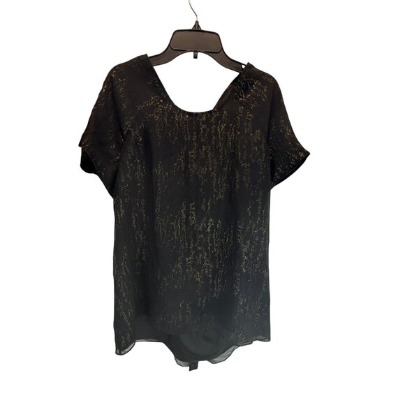 Gap Black Sheer Metallic Gold Accent Blouse Large Short Sleeve Party Holiday Top - Picture 4 of 9